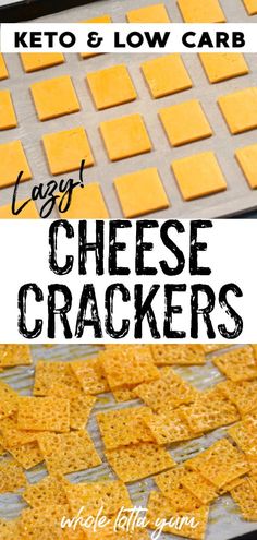 cheesy crackers on a baking sheet with text overlay