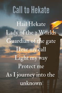 a candle with the words call to hekate on it in front of an ocean