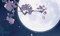 a full moon with pink flowers in the foreground