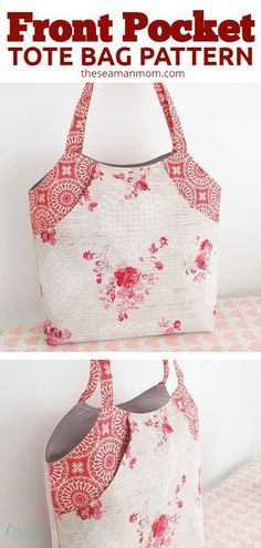 the front pocket tote bag pattern is shown in red and white with flowers on it