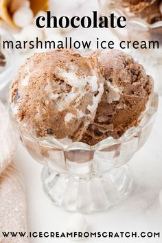 chocolate marshmallow ice cream in a glass bowl with text overlay that reads, chocolate marshmallow ice cream