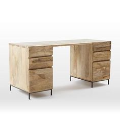 an office desk made out of wood with metal legs and two drawers on each side