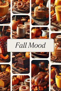 a collage of photos with pumpkins, cakes and drinks