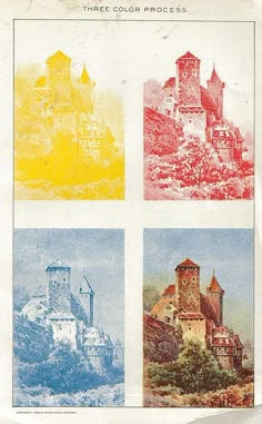 an old book with four pictures of castles on it's cover, and the title below