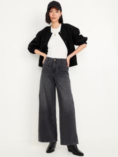 high waisted button front belt loops zip fly front patch pockets back patch pockets sits at belly button super-baggy thigh hits below ankle 30" regular inseam 28" petite inseam 33" tall inseam models are approx.  5'9" and wear sizes s (4), l (12), and xl (18)machine wash according to the care instruction label  . Best Holiday gift for Women , perfect Jeans for Christmas! Wide Black Jeans Outfit, Black Loose Jeans Outfit, Black Washed Jeans Outfit, Black Wide Leg Jeans Outfit, Smart Casual Jeans, Wash Jeans Outfit, Pants Outfit Work, Tomboy Femme, Black Wide Leg Jeans