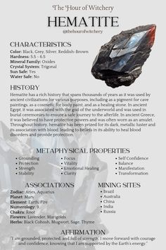 Hematite Meaning Crystal Healing, Hematite Stone Meaning, Facts About Crystals, Crystals Meanings Witchcraft, Hematite Affirmation, Study Crystals, Hematite Crystal Meaning, Hematite Meaning, Hematite Properties