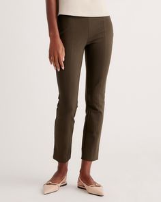 If work pants and yoga pants had a kid - this would be it. Part of our best-selling ponte pants collection, this stretchy, double knit style is cropped at the ankle and designed with a slim leg and seamwork detailing for a streamlined effect. Plus, they’re equally appropriate for the office or the couch.  | Quince | Women's Ultra-Stretch Ponte Pintuck Ankle Pants in Olive, Size XL, Rayon