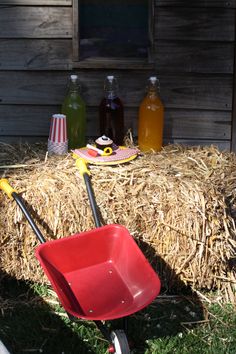 a red wheelbarrow sitting on top of a pile of hay