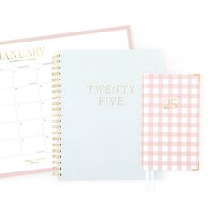 two pink and white calendars with the words twenty five on them