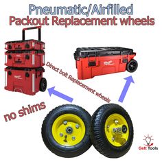 two red and yellow toolboxs with wheels, one is attached to the other