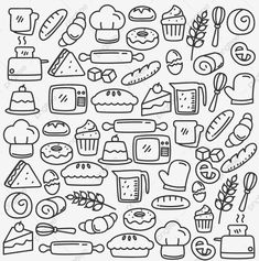 a black and white drawing of different types of breads, pastries and other food items