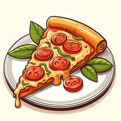 a piece of pizza on a plate with tomatoes and green leafy leaves around it