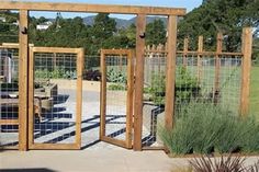 an outdoor garden with wooden posts and wire fenced in to the area where plants are growing