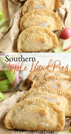 an apple hand pie is shown with apples in the background and on top of it