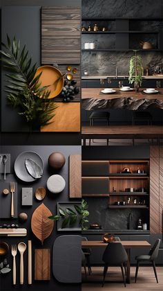 the interior of a modern kitchen with black walls and wooden furniture, including an island