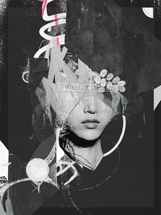 a woman's face is surrounded by black and white collages, with the word