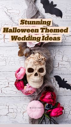 a skeleton with flowers and bats on it is featured in this halloween themed wedding photo