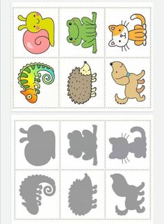 shadow matching game for kids with different animals and shapes to match the shadows on them