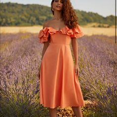 Orange Ruffled Off The Shoulder Avianna Dress From Alamour. Perfect For Weddings, Brunch, Showers, Photo Shoots. Feminine Bridesmaid Midi Dress With Ruffles, Bridesmaid Midi Dress With Ruffles, Spring Bridesmaid Midi Dress With Ruffle Hem, Orange Ruffled Midi Dress, Orange Ruffled Dress For Garden Party, Elegant Summer Bridesmaid Ruffle Dress, Orange Midi-length Dress With Ruffles, Summer Bridesmaid Ruffle Dress, Orange Midi Dress With Ruffles