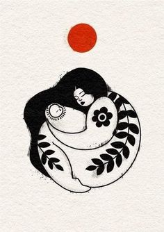 a drawing of a woman holding a baby in her arms with the sun behind her