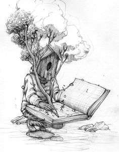 a drawing of a tree house sitting on top of a book next to a tree