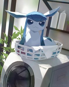 a cartoon character is sitting in a laundry basket on top of a washing machine with the door open