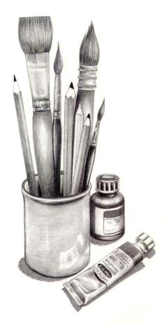 pencils and brushes are in a cup next to some paint