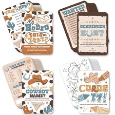 four coasters with cowboy themed designs on the front and back, including an advertise