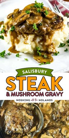 steak and mushroom gravy on a plate with mashed potatoes