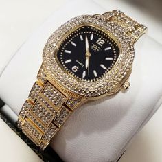 Unisex Hip Hop Luxury Black Dial Luxury Lab Simulated Diamond Watch Diamond Watch, Luxury Watch, Rolex Watches, Accessories Watches, Rolex, Bracelet Watch, Hip Hop, Lab, Women Accessories