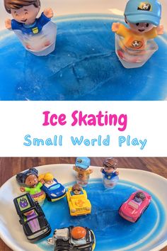 an ice skating small world play with toy cars and people in the water, on a white plate