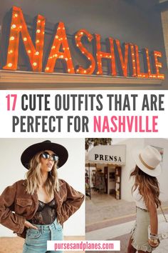 the words nashville are lit up in orange and white with pictures of women wearing hats