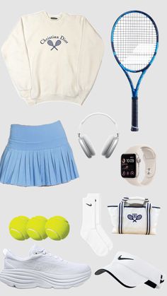 a tennis outfit and accessories are arranged in the shape of a skirt, sweater, headphones, socks, watch, cell phone