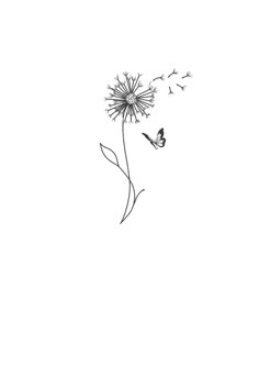 a black and white drawing of a dandelion with two butterflies flying around it