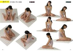 several images of a woman sitting on the floor in various positions and posing for pictures