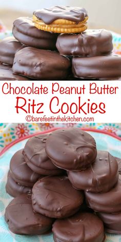 chocolate peanut butter ritz cookies stacked on top of each other with the words, chocolate peanut butter ritz cookies