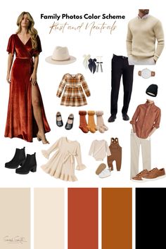 the color scheme for family photos is orange, brown and white with an assortment of accessories