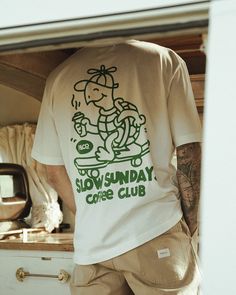 Slow Sundays Graphic T-Shirt | Men's T-Shirts – P&Co USA White T Shirt Graphic, T-shirt Company, Hand Drawn T-shirt Design, Drawn On Shirt, Men’s Graphic T Shirts, Screen Print Tee, Merch T Shirt Design, Screen Print Tshirt Design, T Shirt Design Ideas Screen Printing