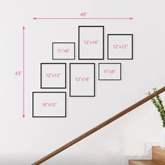 a set of six framed pictures hanging on the wall next to a stair case and potted plant