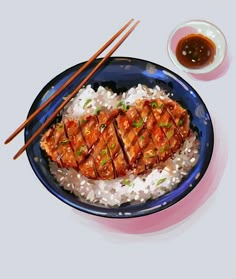 a blue plate topped with meat and rice next to chopsticks