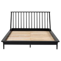 a bed frame with wooden slats and black metal headboard, on an isolated white background