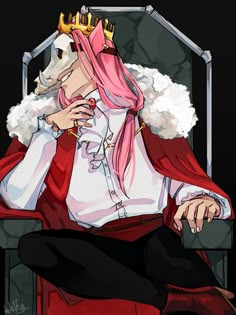 a man with pink hair sitting in a chair wearing a crown and holding his hand to his face