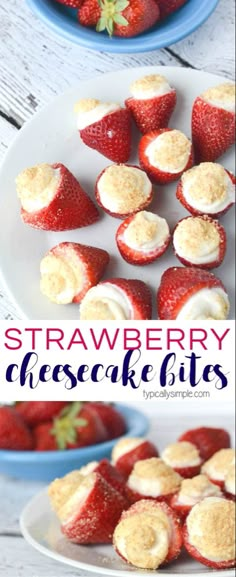 strawberry cheesecake bites on a white plate with strawberries in the background and text overlay that reads, strawberry cheesecake bites