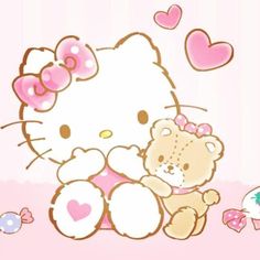 a hello kitty holding a teddy bear with hearts on it's head and pink background