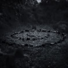 a black and white photo of a circular object in the middle of a field with rocks around it