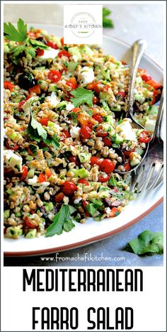 this mediterranean farro salad is loaded with fresh vegetables and feta cheese