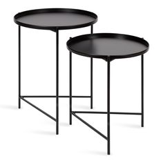 two black trays with metal legs and one has a round table on the top