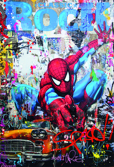 an image of a spider man with graffiti on it's face and hands in front of a car