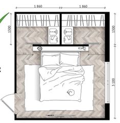 the floor plan for a small bedroom with a bed, nightstands and other furniture