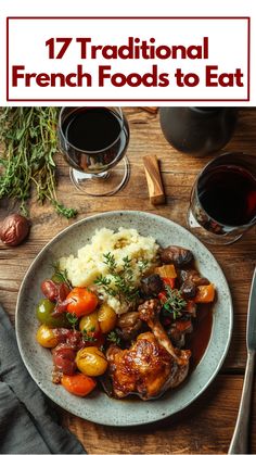 A plate of traditional French dishes, including Coq au Vin and Ratatouille, presented on a rustic dining table. Classic French Dinner Recipes, French Gourmet Recipes, Everyday French Food, Sharing Plates Food, Classic French Dishes Dinners, French Cousine Recipes, French Dishes Classic, French Christmas Food Traditional, Traditional French Dishes